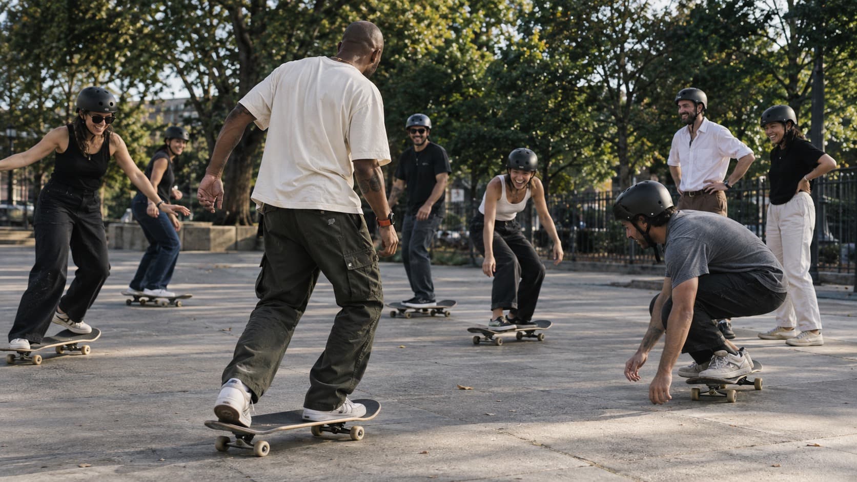 Kids learning to skateboard during a group lesson