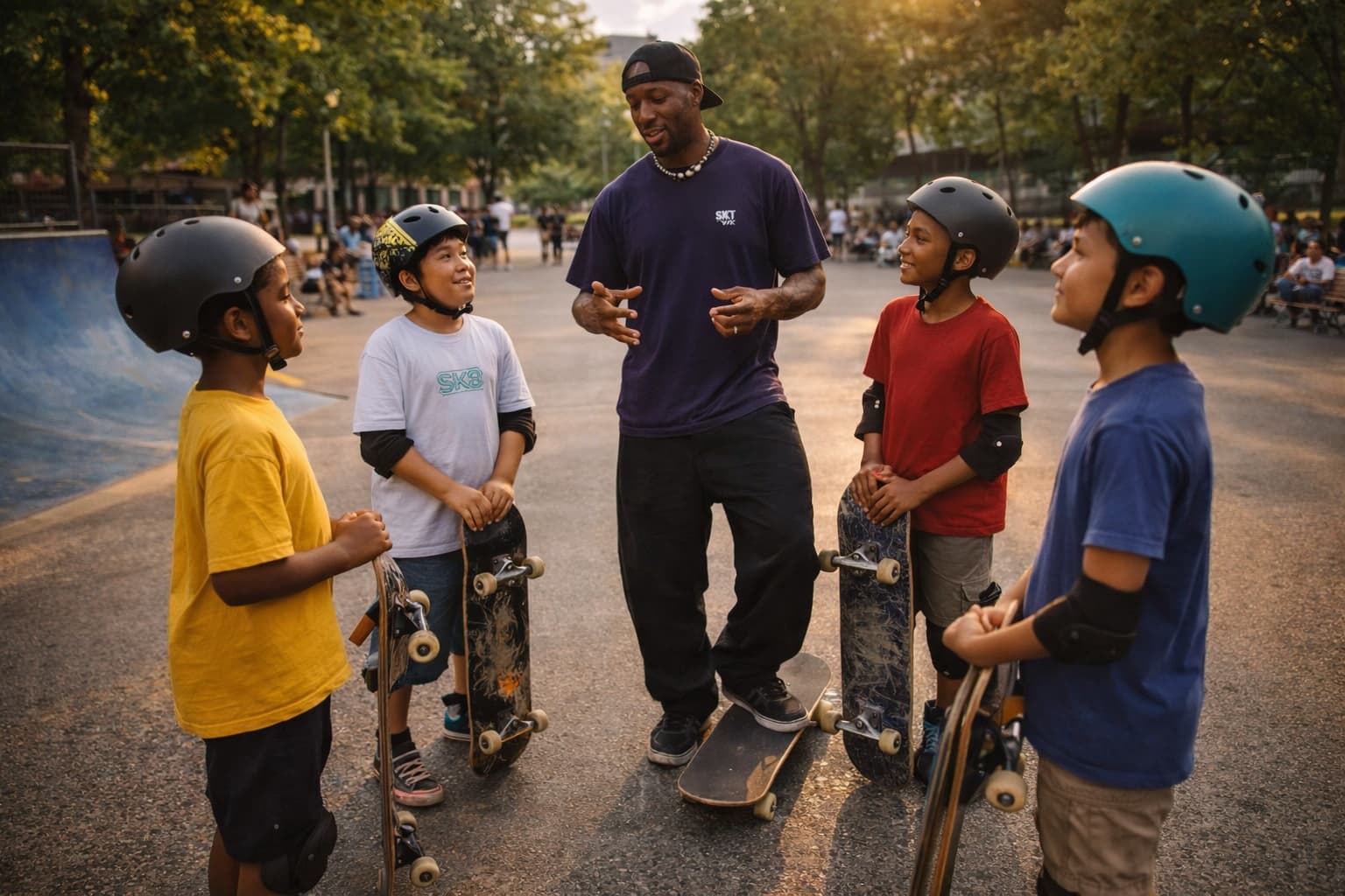 Leon Toppin with a group of skaters at a park