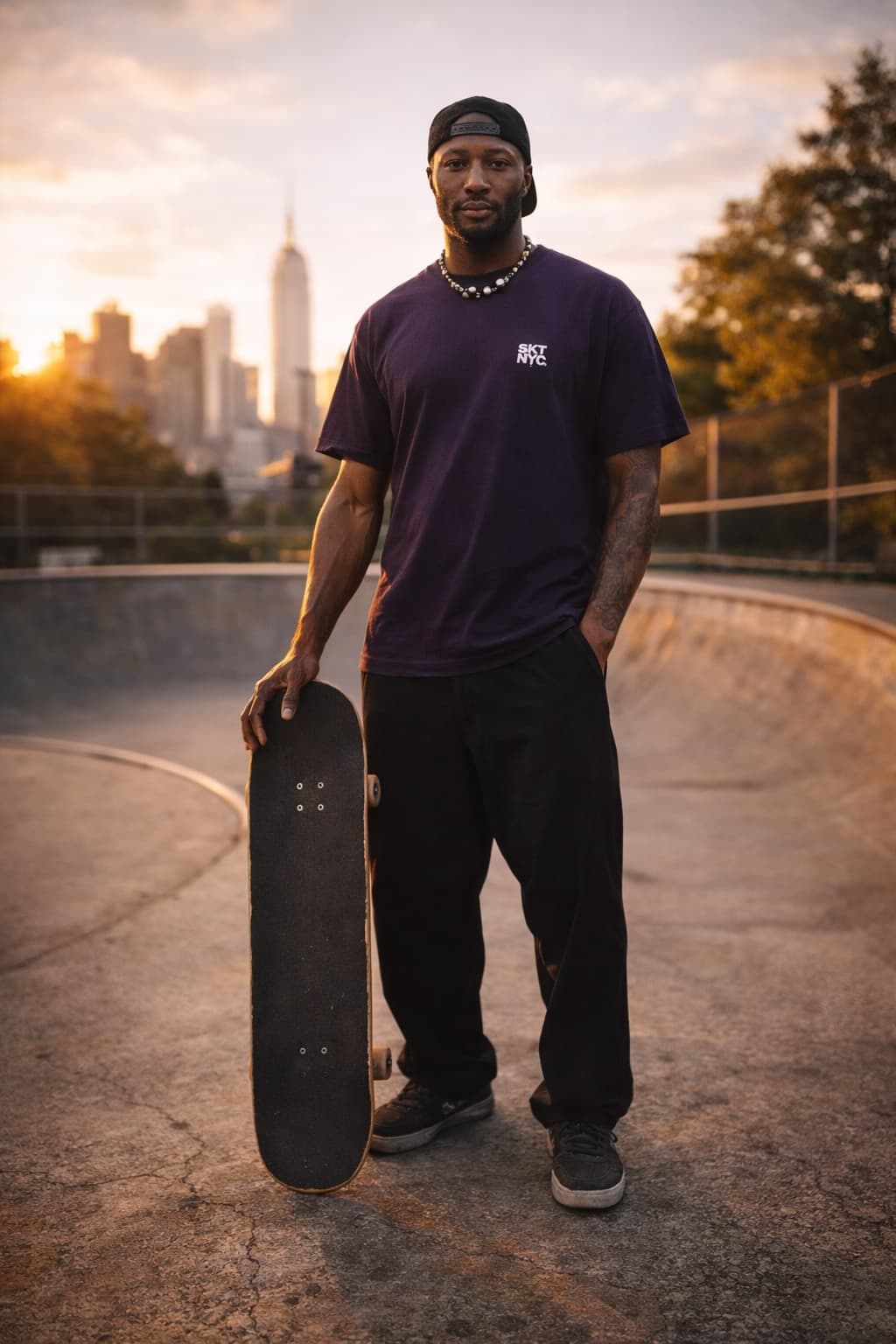 Leon Toppin standing with skateboard at a NYC skate park at sunset