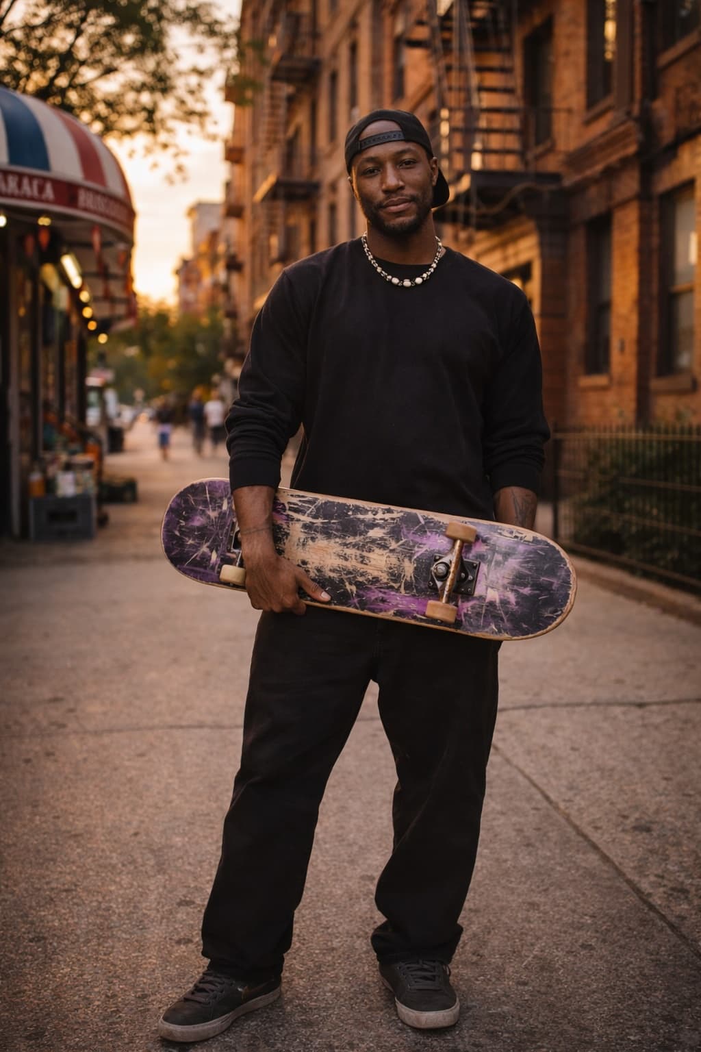 Leon Toppin on a NYC street holding his skateboard