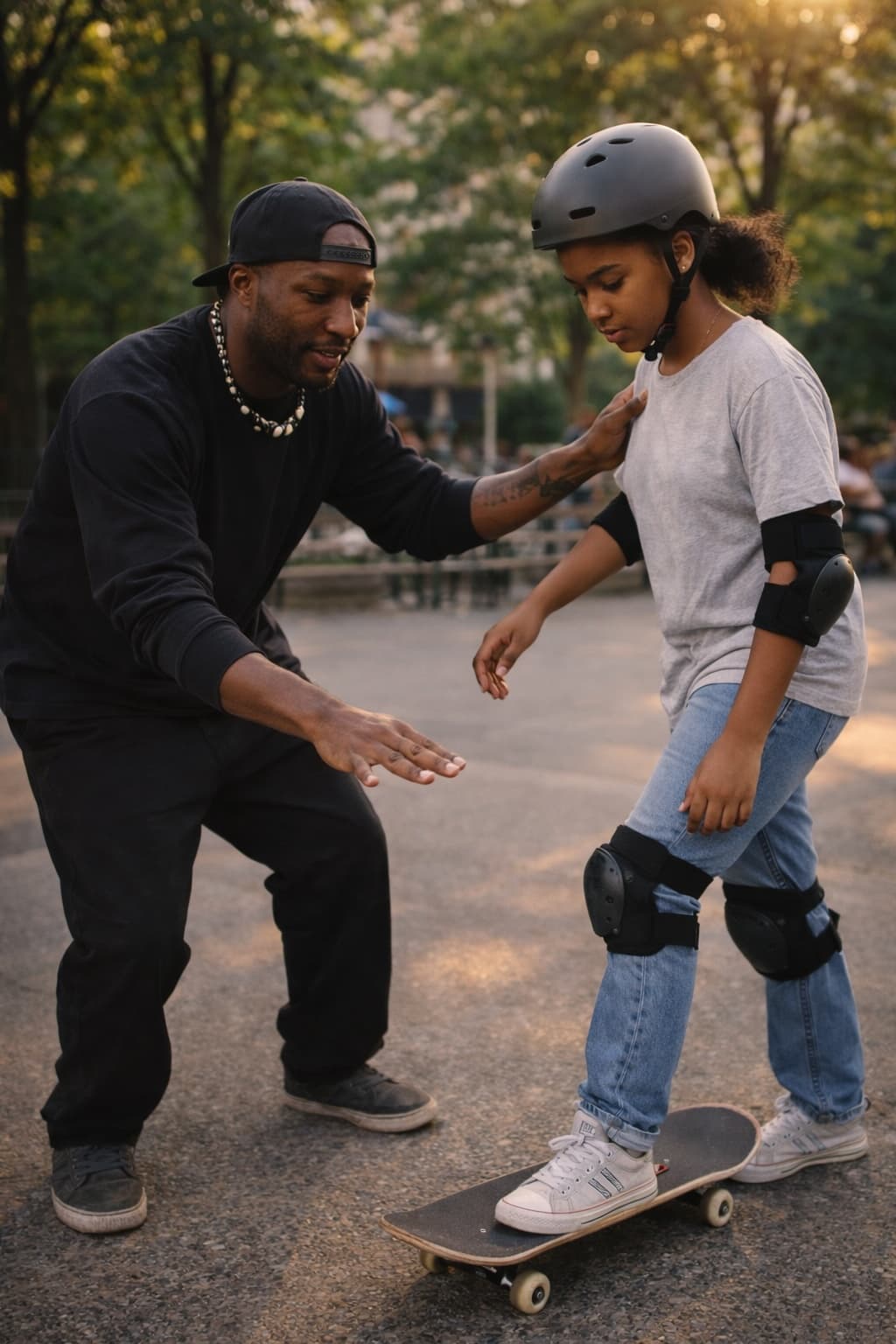 Leon Toppin teaching a young student to skateboard