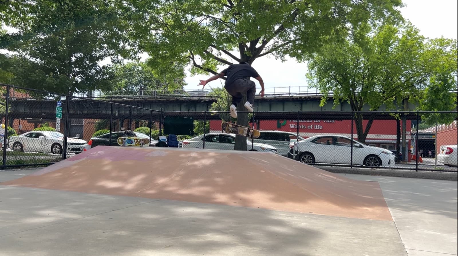 Leon Toppin skateboarding at a Bronx skatepark
