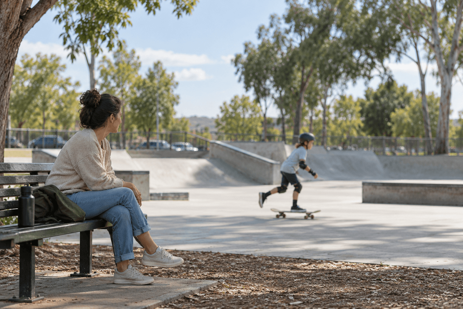 Parent watching from a bench as their child practices skateboarding at a skatepark